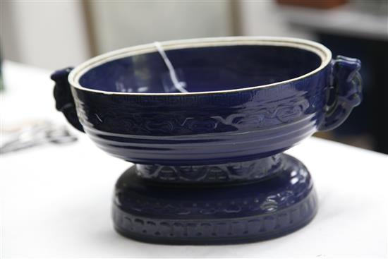 A Chinese Imperial blue glazed ritual offering vessel (gui), moulded Qianlong seal mark and of the period (1736-95), 28.5cm wide